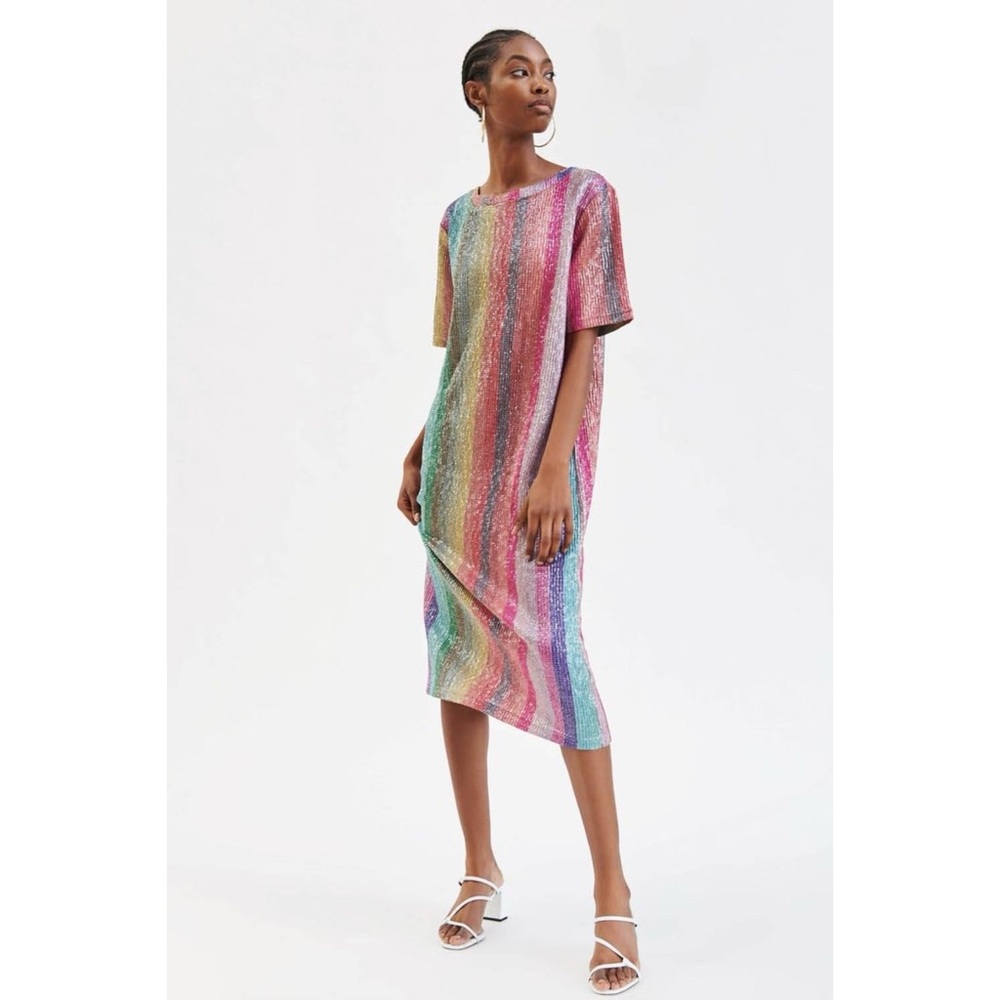 Zara / NWT Rainbow Stripe Sparkly Sequin Midi Dress Bloggers Fav